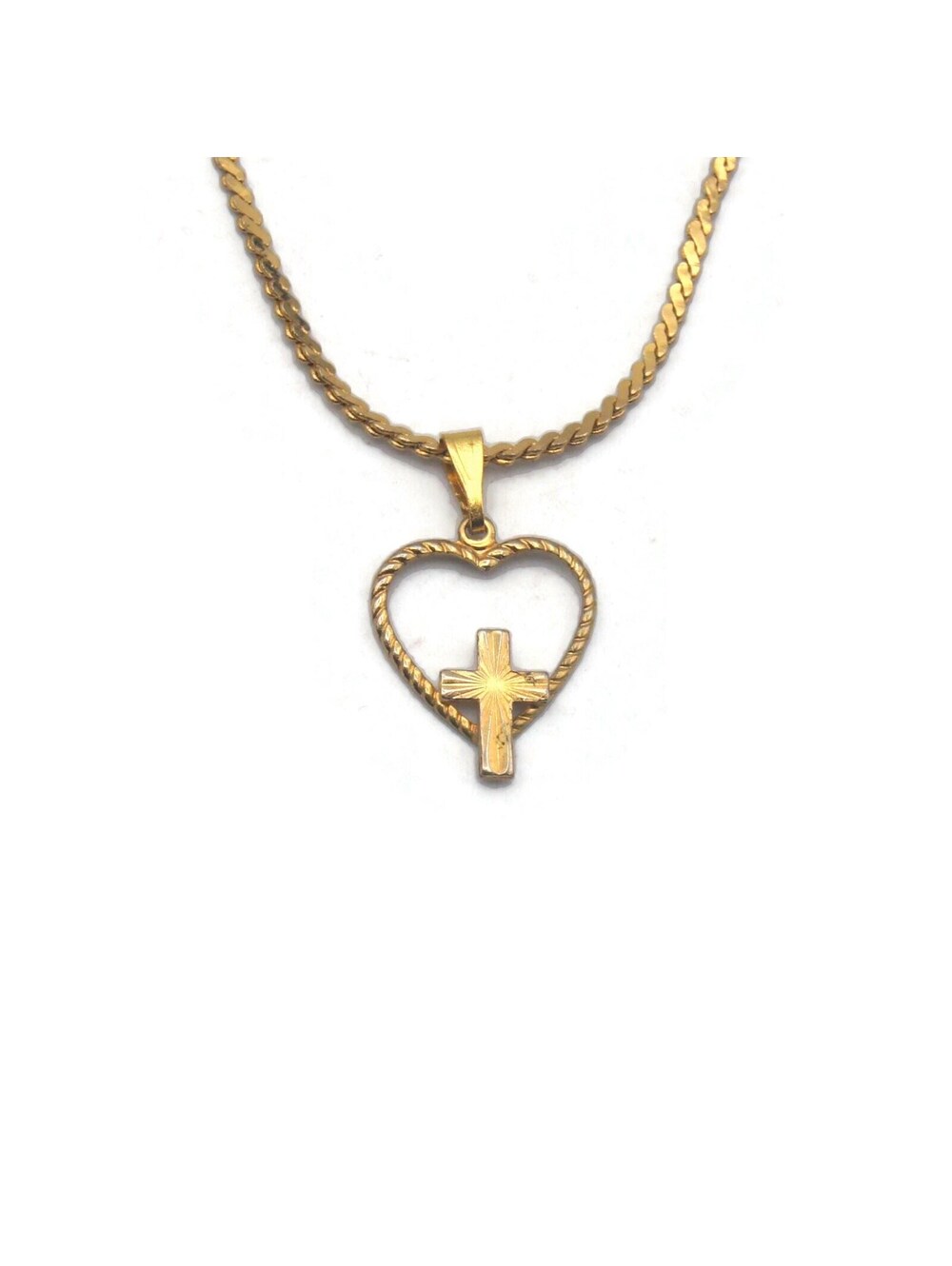Vintage Gold Tone Dainty Heart & Cross Pendant Necklace, 16" Serpentine Chain.